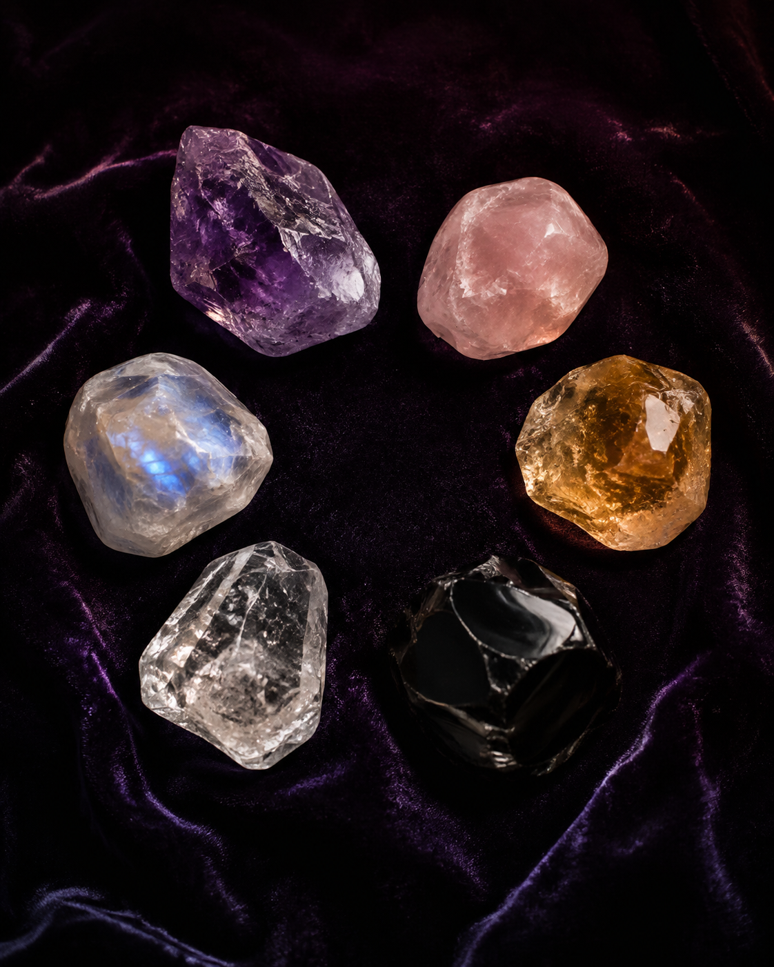 Amethyst, rose quartz, citrine, obsidian, clear quartz and moonstone arranged on deep plum velvet